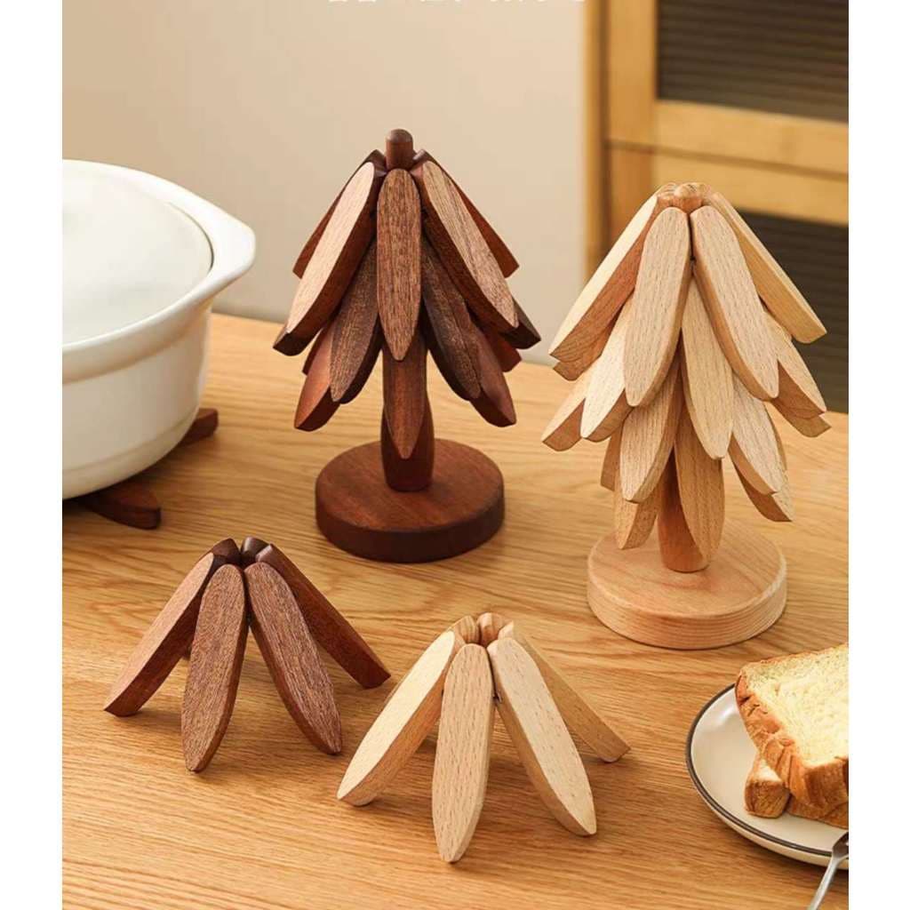 Árvore com 4 Suporte de Panela Quente de Bambu em forma de Árvore de Natal com Ponta de Maça Descanso para Mesa