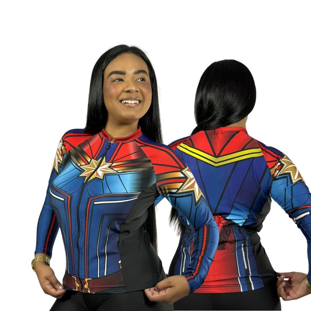 Camisa Ciclismo Feminina Manga Longa PP ao Plus Size Capitã Marvel Estilo e Proteção FPS 50+