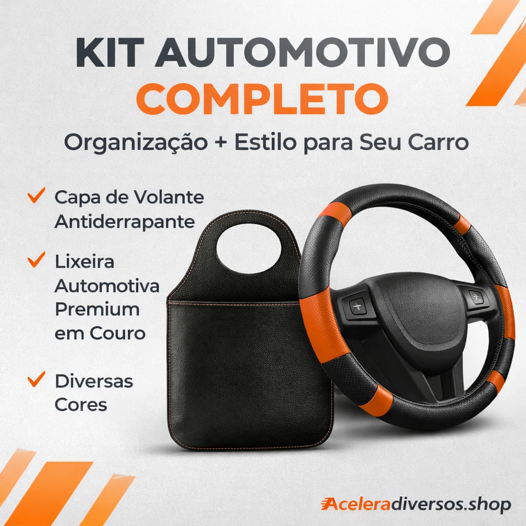 Kit Automotivo Completo Capa de Volante Universal (Marcas e Cores) + Lixeira de Couro Premium