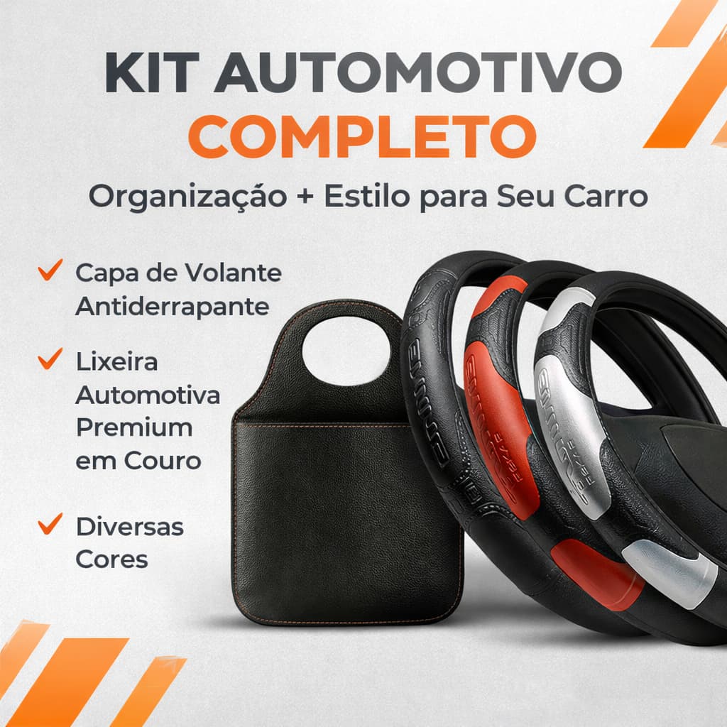 Kit Interior Automotivo Premium – Capa de Volante Universal + Lixeira em Couro (Marcas e Cores)