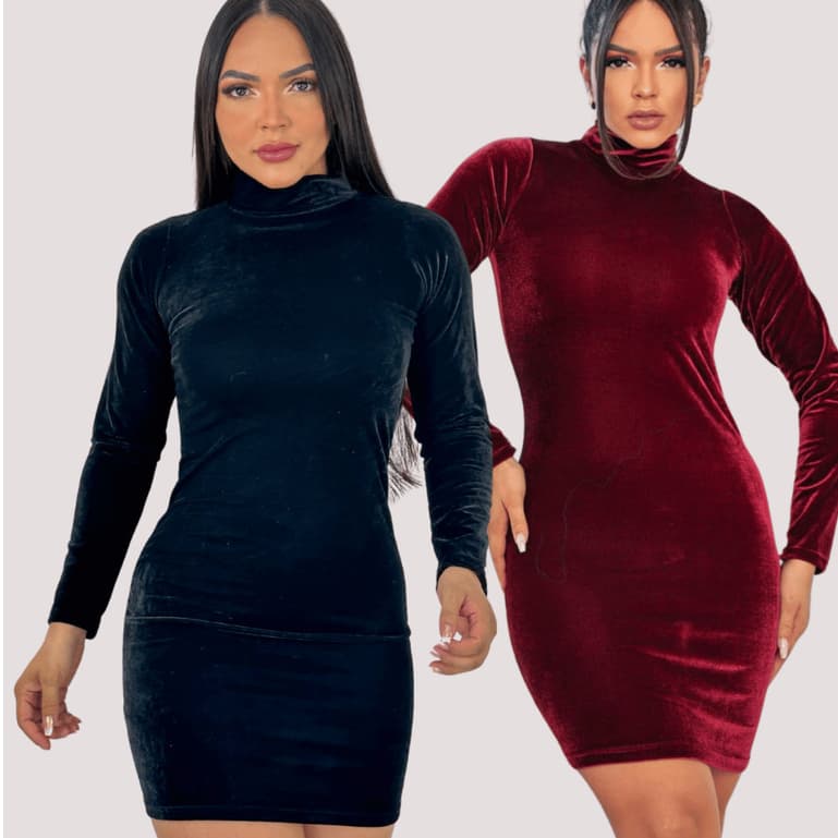 Vestido Veludo Feminino Outono Inverno | Manga Longa Gola Alta | Look Elegante Tamanho Único