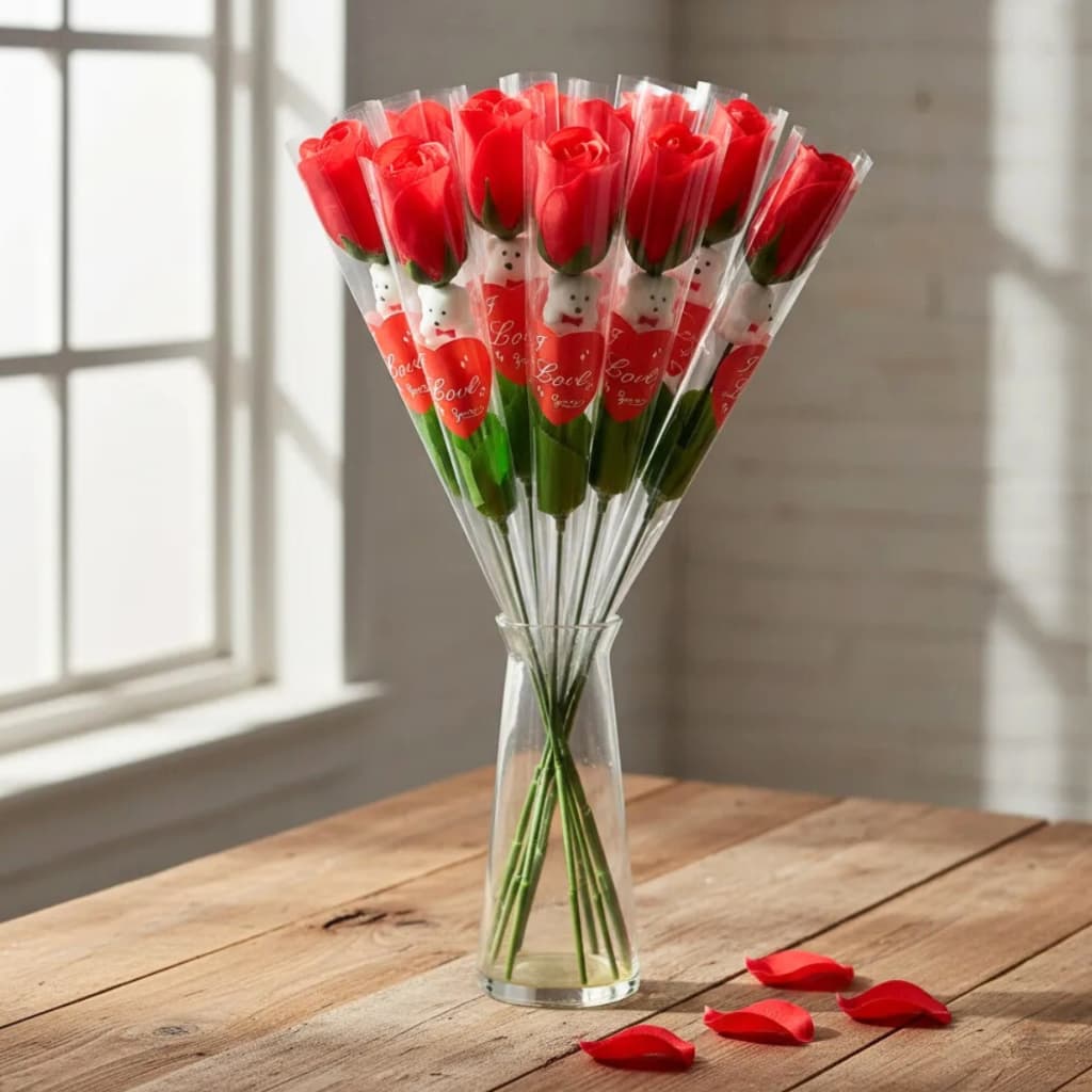 24 Rosas Vermelhas Botão de Rosas Flor Artificial Ursinho Já Embalados Festas Dia das Mães Atacado