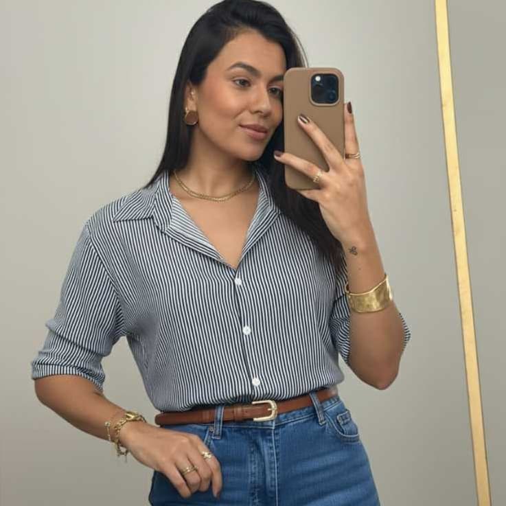 Camisa Feminina Social Listrada Manga Longa Camisete Casual Elegante Trabalho Estudo