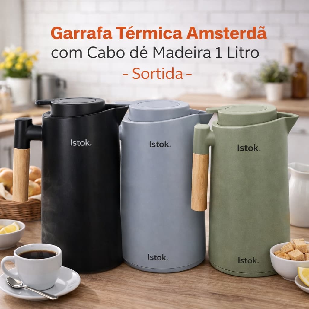 Garrafa Térmica Amsterdã Nórdica Moderna com Cabo de Madeira 1 Litro - Sortida Café Chá Mesa Posta