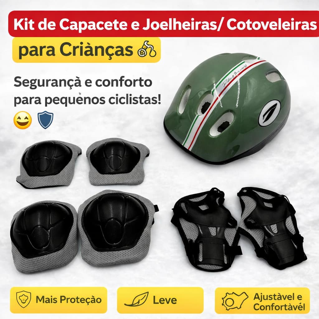 Kit de Proteção Infantil Verde 3 a 7 Anos com Capacete, Joelheira, Cotoveleira e Munhequeira