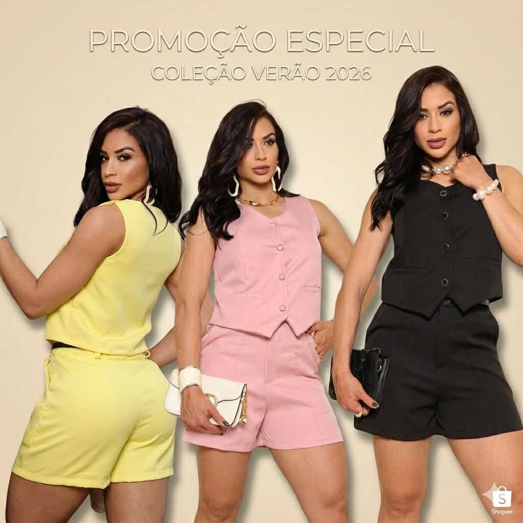 Conjunto Feminino Alfaiataria  Colete com Bolso + Shorts com Ziper Frontal Cintura Alta Verão