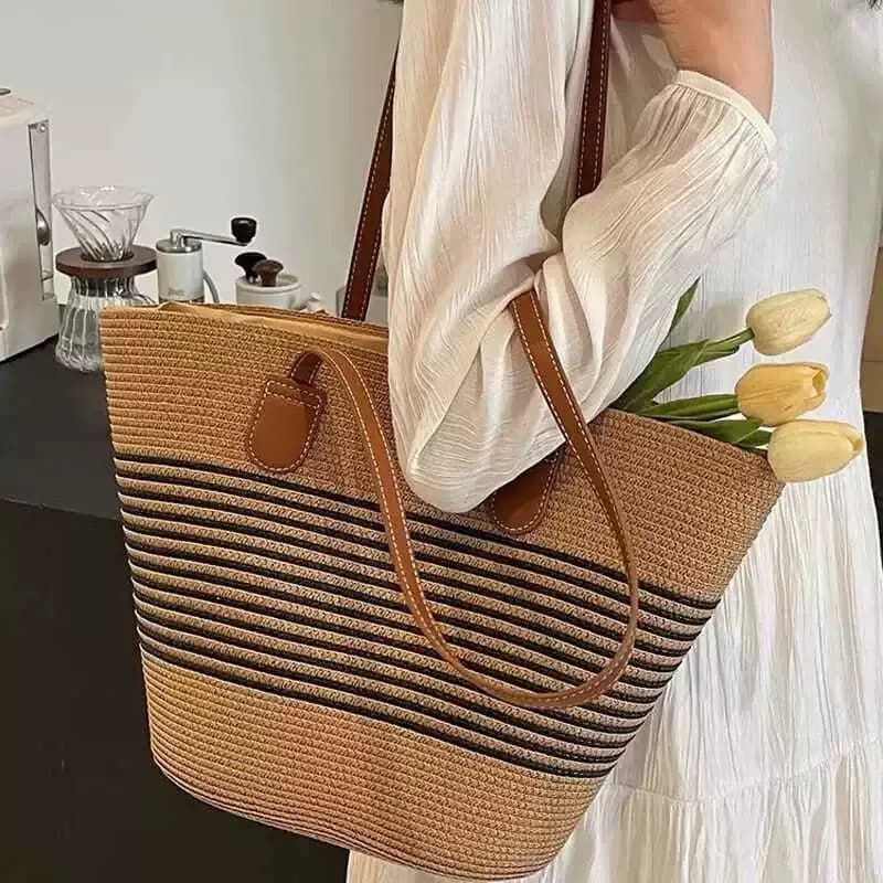 Bolsa de palha de grande capacidade para férias casuais praia portátil nova moda bolsa de ombro tecida