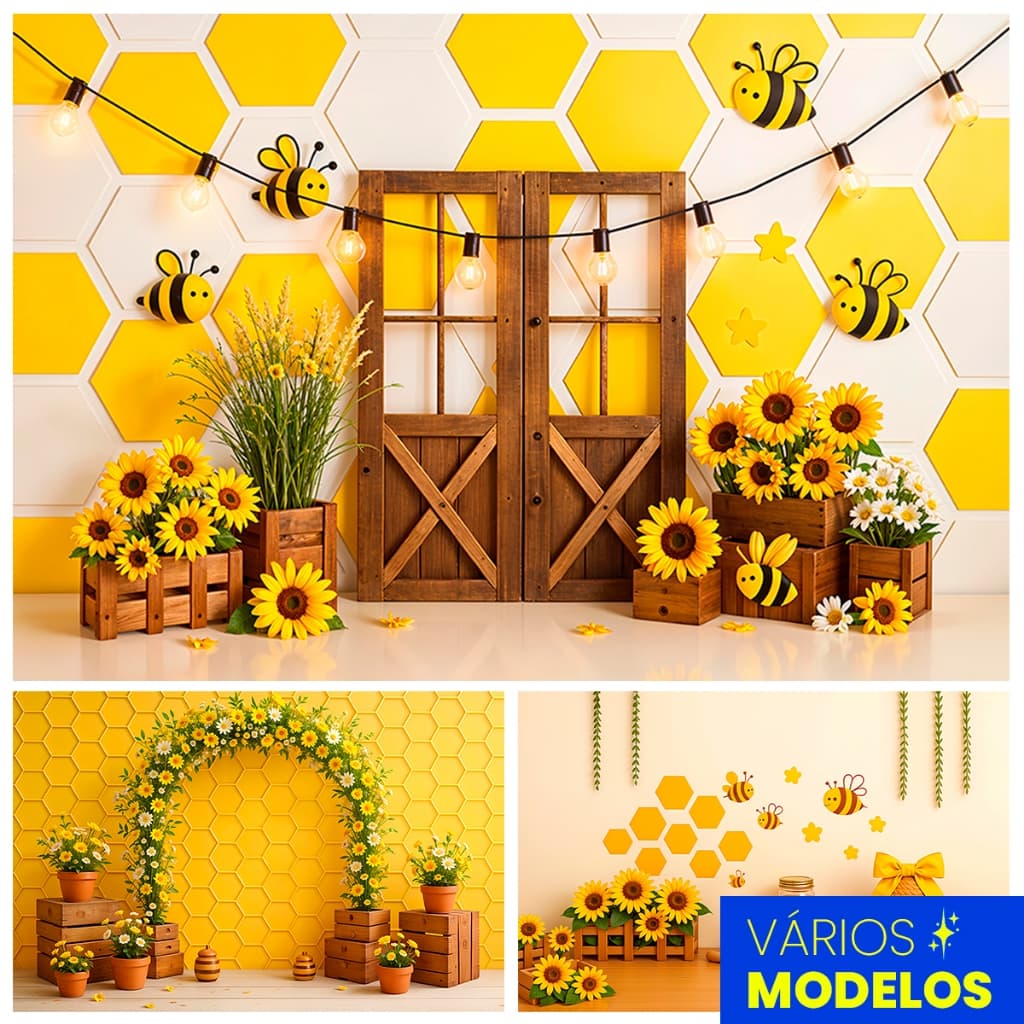 Fundo Fotográfico Abelha Painel Para Fotos Girassol Floral 1,5 x 2,2 Mt