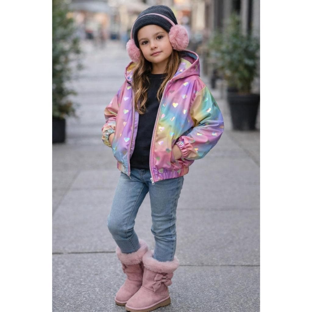 Jaqueta bomber holográfica infantil, blusa metalizada arco íris.
