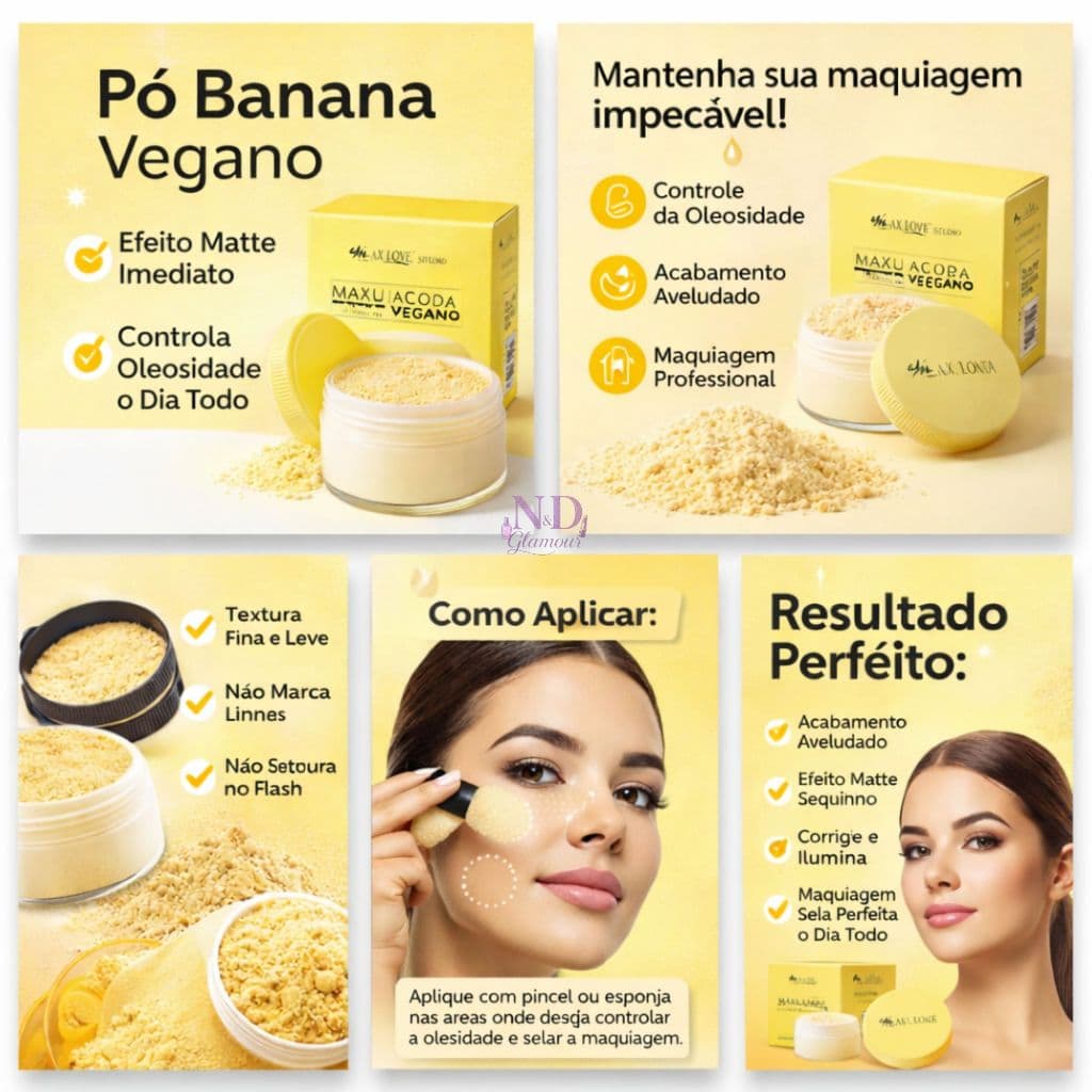 Pó Banana Vegano Max Love Studio Finalizador Facial Matte Controle de Oleosidade Selar Maquiagem
