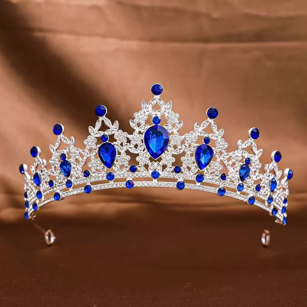 Coroa Tiara Azul Royal com Prata de Princesa Estilo Europeu, para Casamentos, Festas e Formaturas