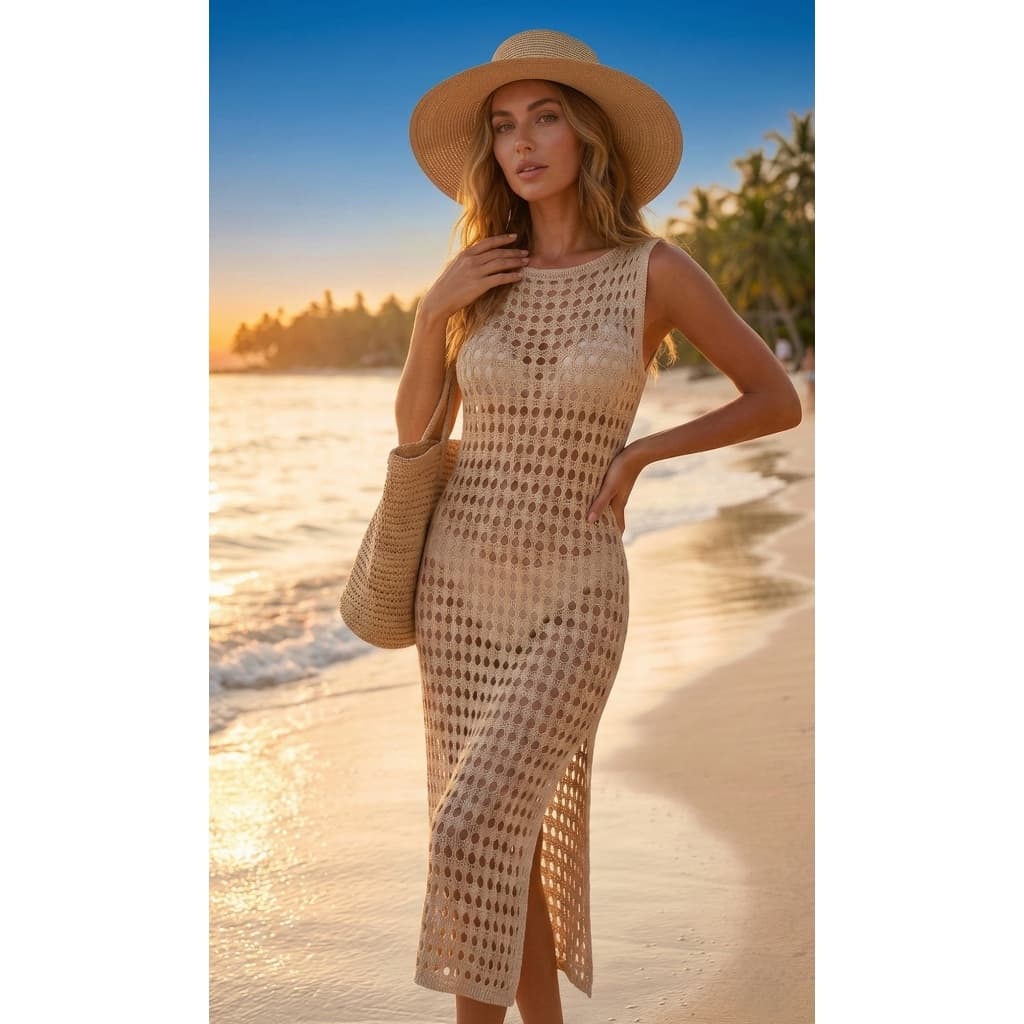Saida de Praia Vestido Verao Moda Praia Longo Midi Tricot Crochet de Luxo