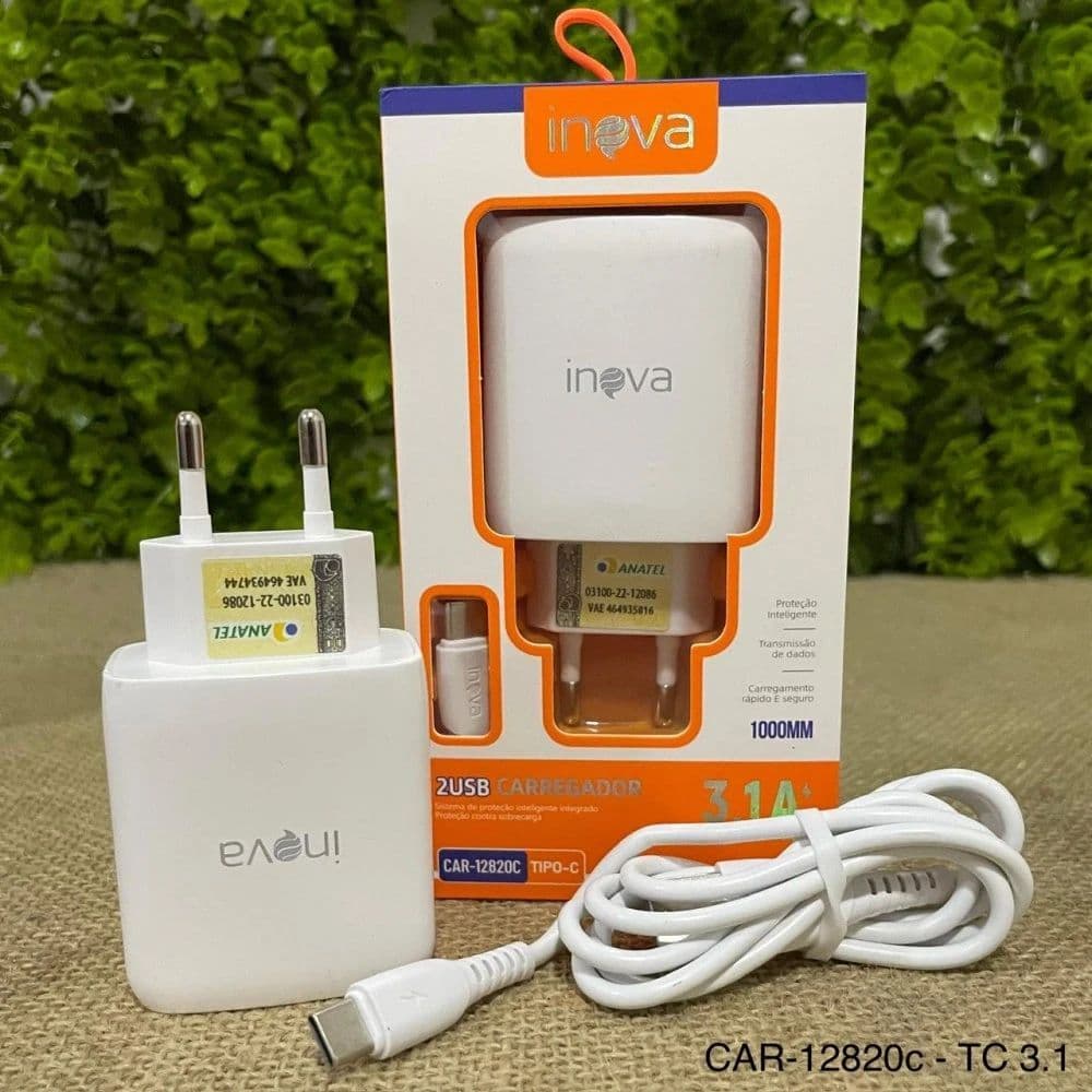 Carregador Turbo 3.1A Inova + Cabo Tipo-C 1 Metro | 2 USB Carregamento Rápido Samsung Xiaomi Motorola iPhone