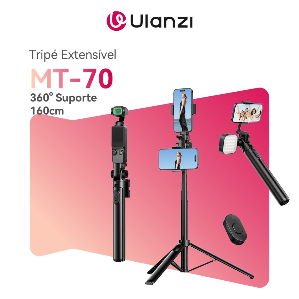 Ulanzi MT-70 Tripé Extensível 160cm 63" para Celular Vlog Bastão Selfie 360° Suporte Duplo Câmera