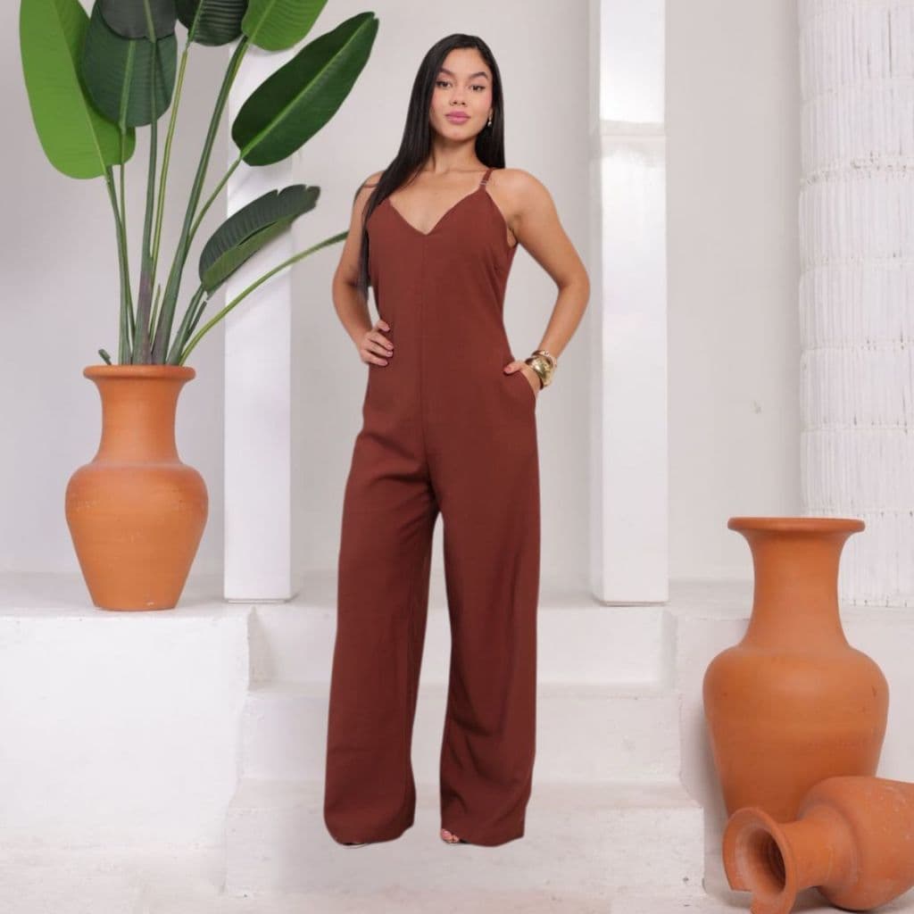 Macacão Feminino Longo Pantalona com Bolsos Alça Fina Decote V Elegante Confortável Siper Nas Costas