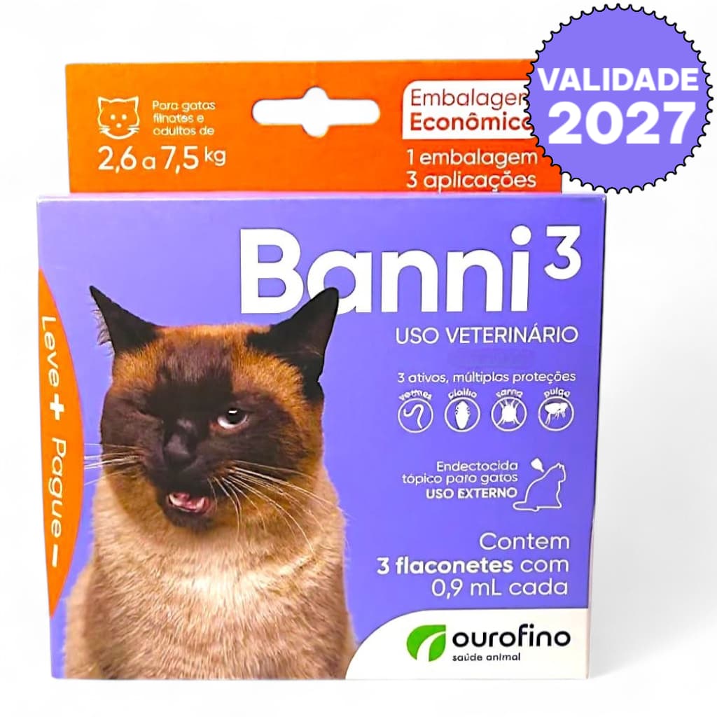 3 x Antipulgas Banni 3 P/ Gatos Até 7,5kg | Pulgas + Vermes + Sarna | Kit Econômico