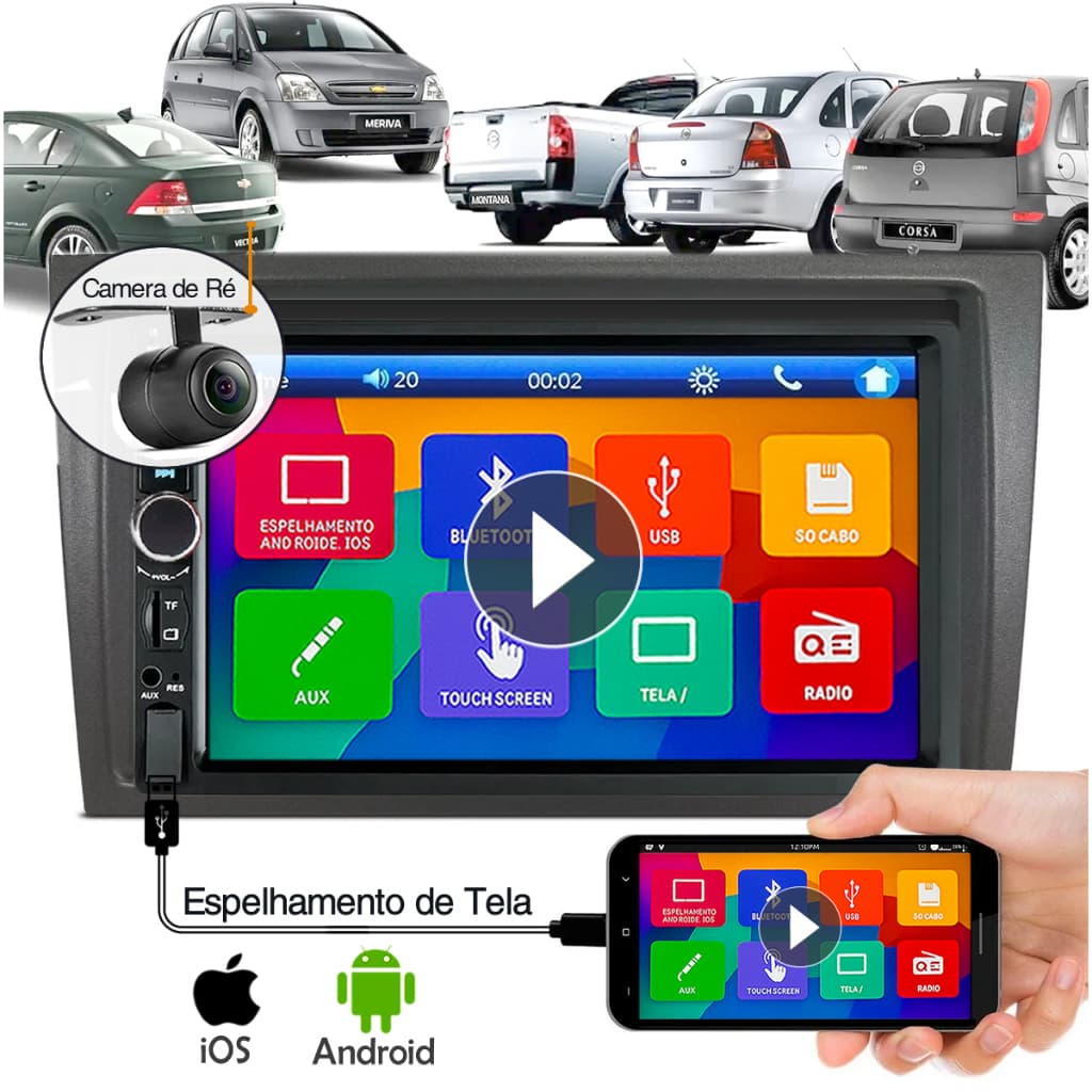 KIT CENTRAL MULTIMÍDIA MP5 BLUETOOTH P/ CORSA MONTANA VECTRA MERIVA + MOLDURA 7POL + CÂMERA DE RÉ