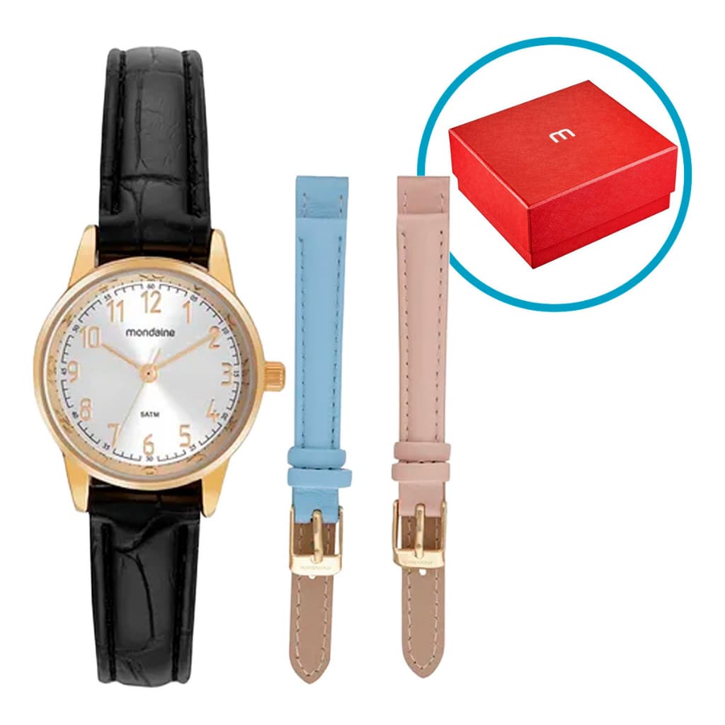 Relógio Feminino Mondaine 25mm Dourado Fundo Prateado Com 3 Pulseiras