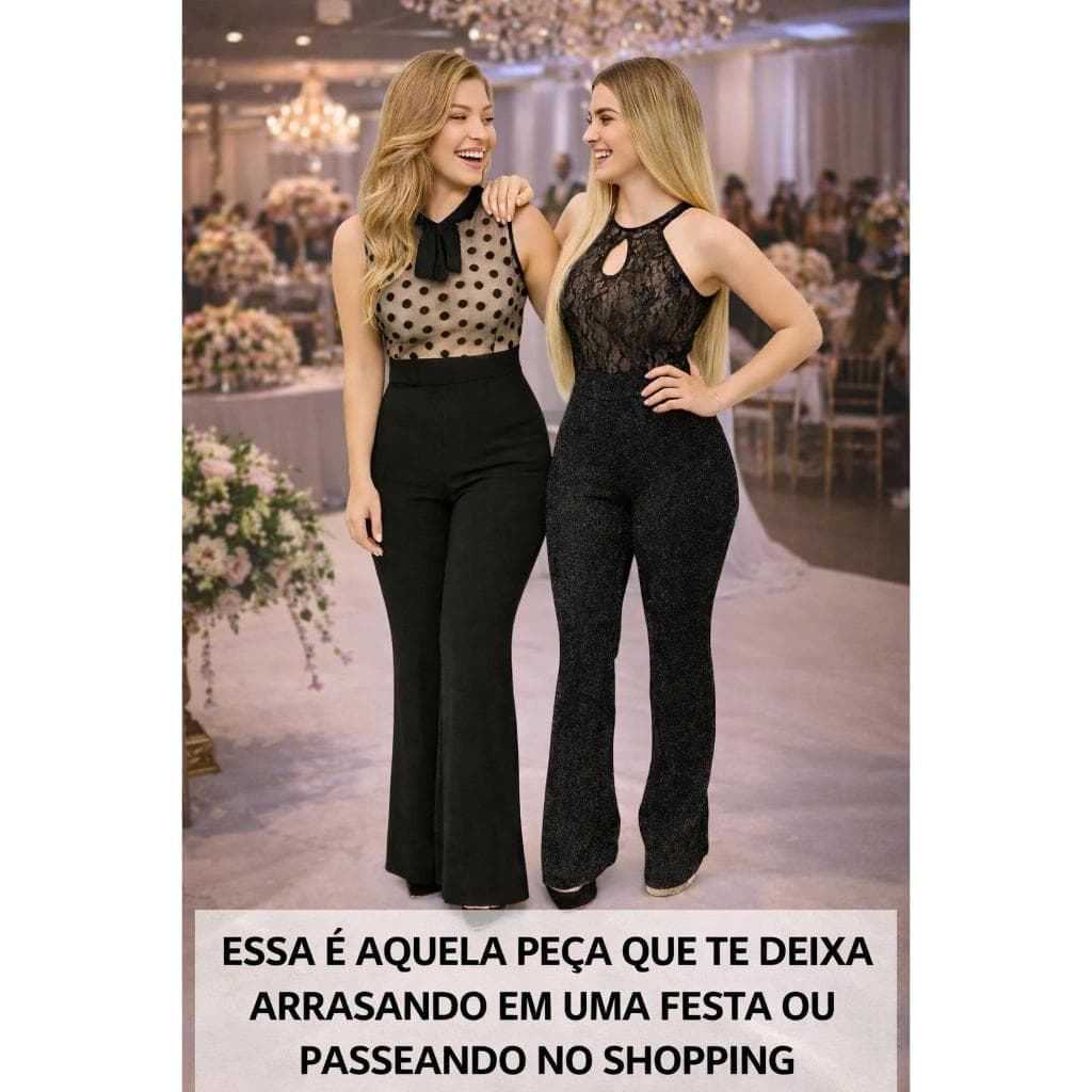 Macacão Pantalona Festa luxo Tendência Não fica Transparente Macacão Feminino Longo Social Elegante Renda ou Tule Poá