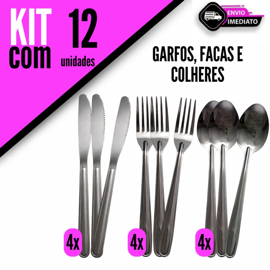 Kit 12/18/24/30 Unidades Conjunto Talheres Garfos + Facas + Colher Inox Para Casa Festas Buffet  Cozinha e Restaurantes