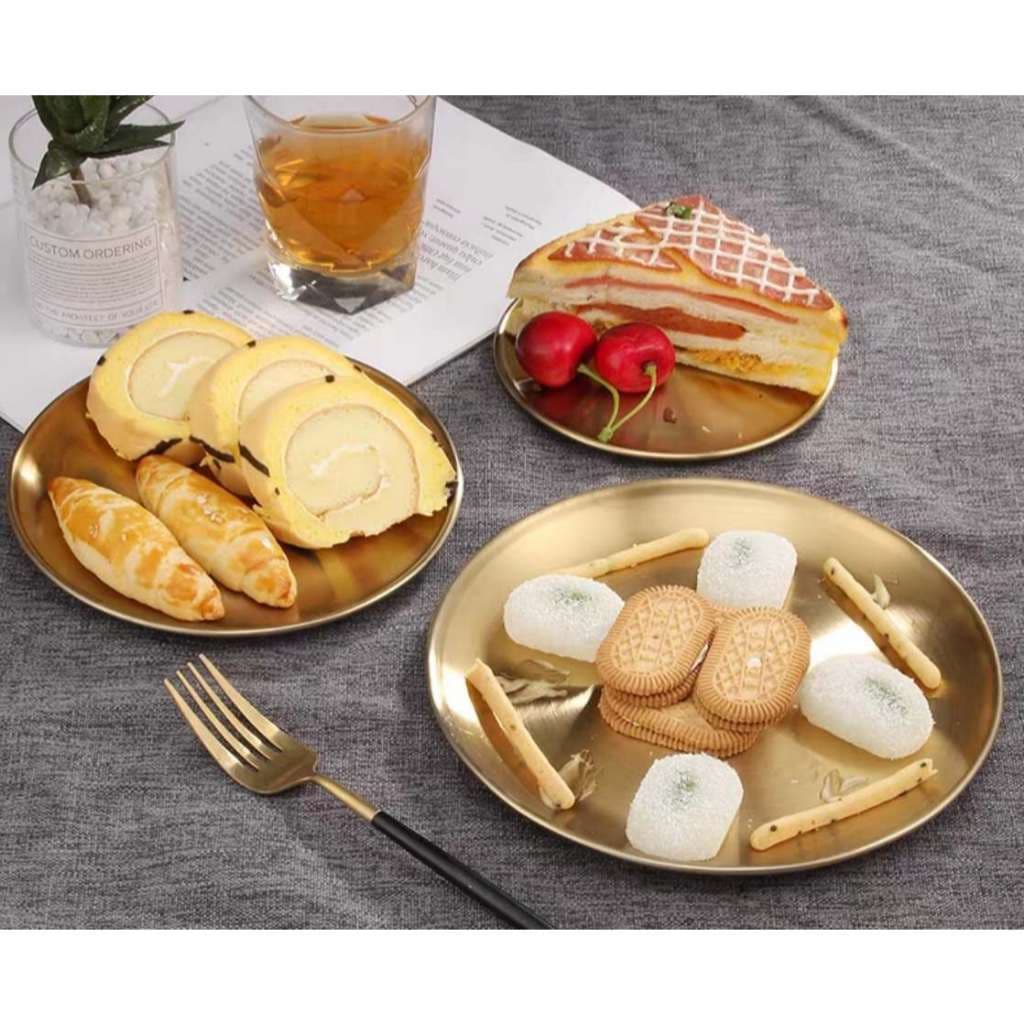 Bandeja Aço Inoxidavel Luxo Alimentos Dourado Redondo Para Churrasco Espaguete Bife Frutas redondo