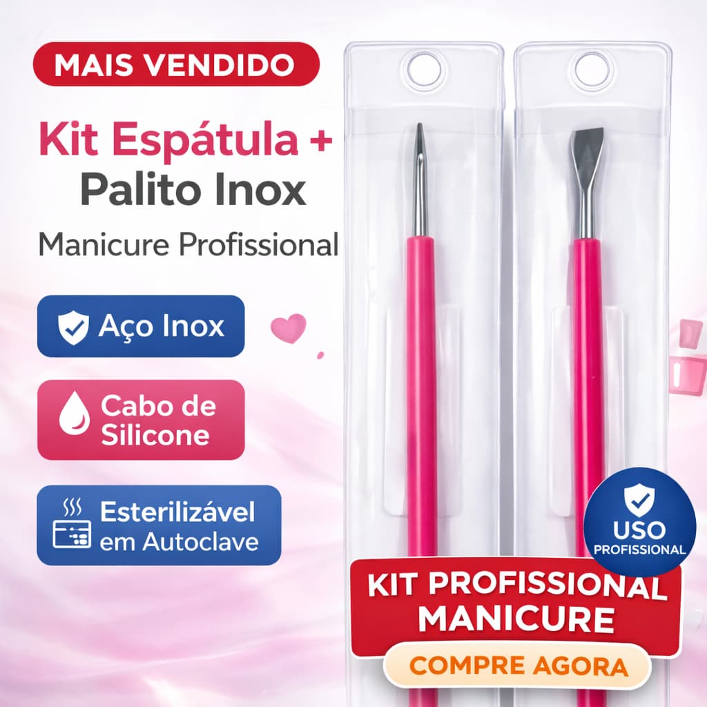 Kit Espátula e Palito Inox Manicure Pedicure  Profissional Cabo Silicone Rosa Esterilizável
