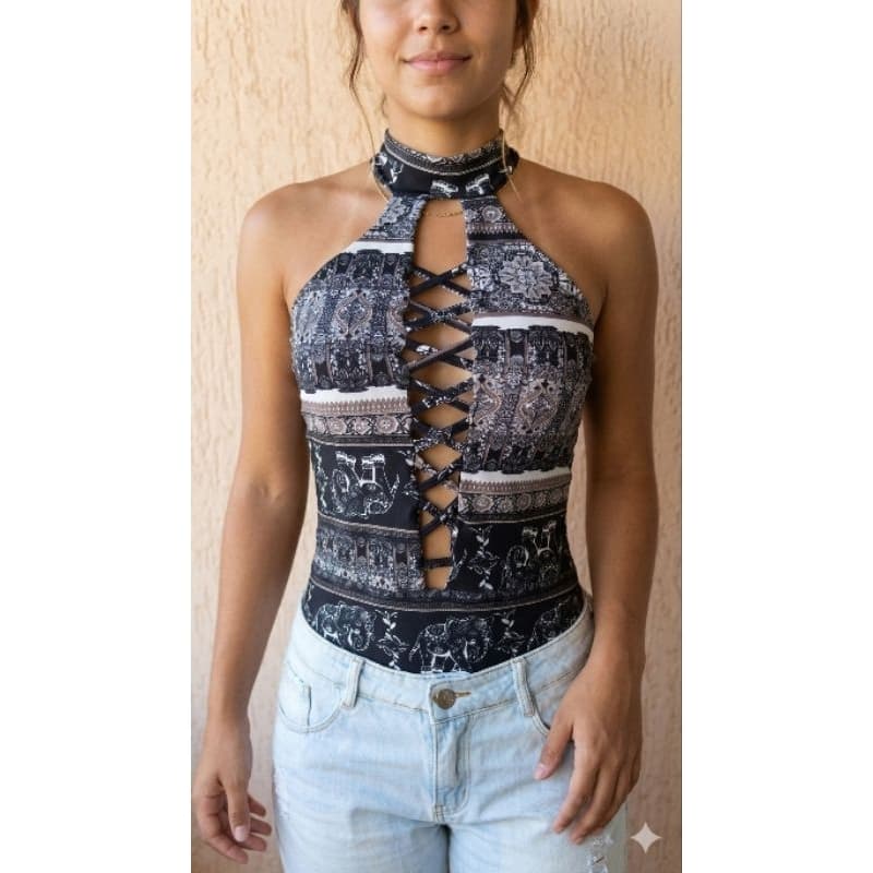 BRECHO Body Feminino Frente Única com Bojo e Decote - Estampa Indiana tam unico