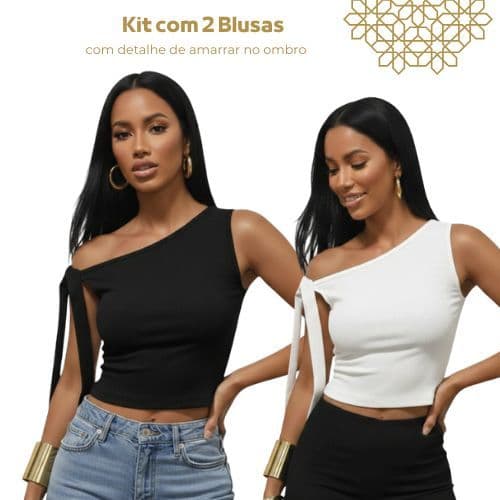 Kit 2 blusas amarração detalhe ombro canelada cropped laço