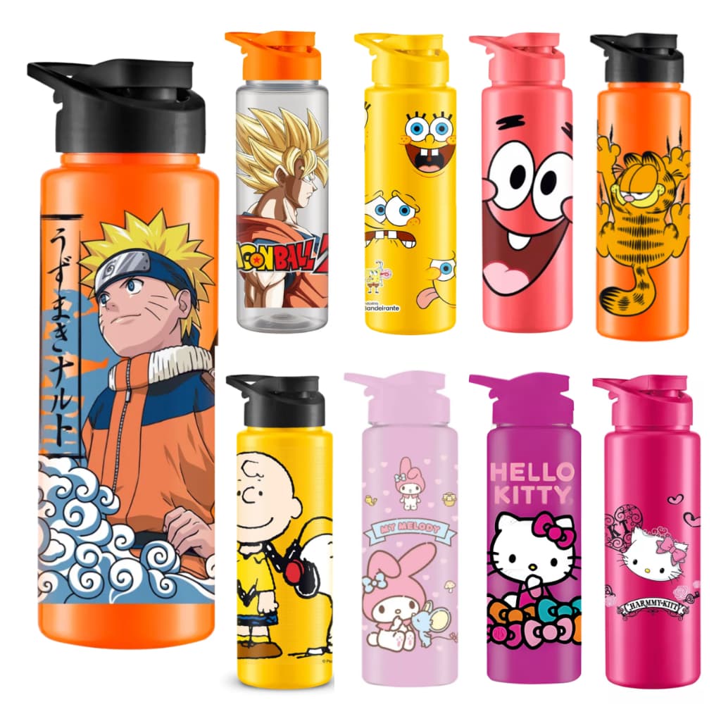 Garrafinha Squeeze Infantil 750ml Plástico BPA Free com Tampa e Alça Personagens Meninos Meninas Escola Passeio