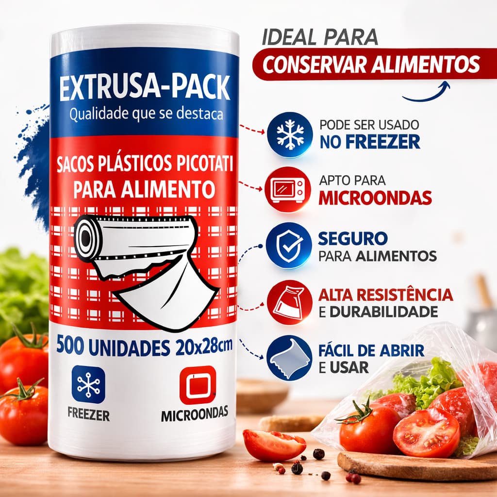 Saco Plástico 20cmx28cm Picotado 500 Unidades para Alimentos Freezer Micro-ondas Resistente Cozinha