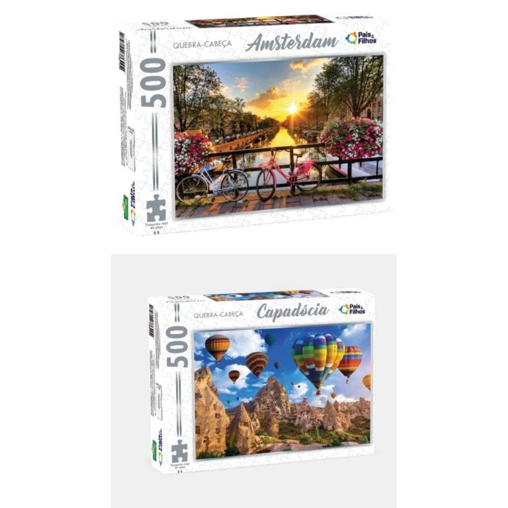 Kit 2 quebra cabeças amsterdam 500 peças + capadócia 500 peças pais e filhos