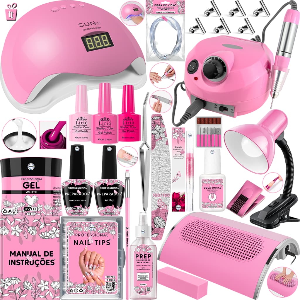 Kit Manicure Completo Cabine Sun 5 Motor Lixadeira Porquinho Coletor Aspirador Sugador 3 Cooler Luminária de Presilha