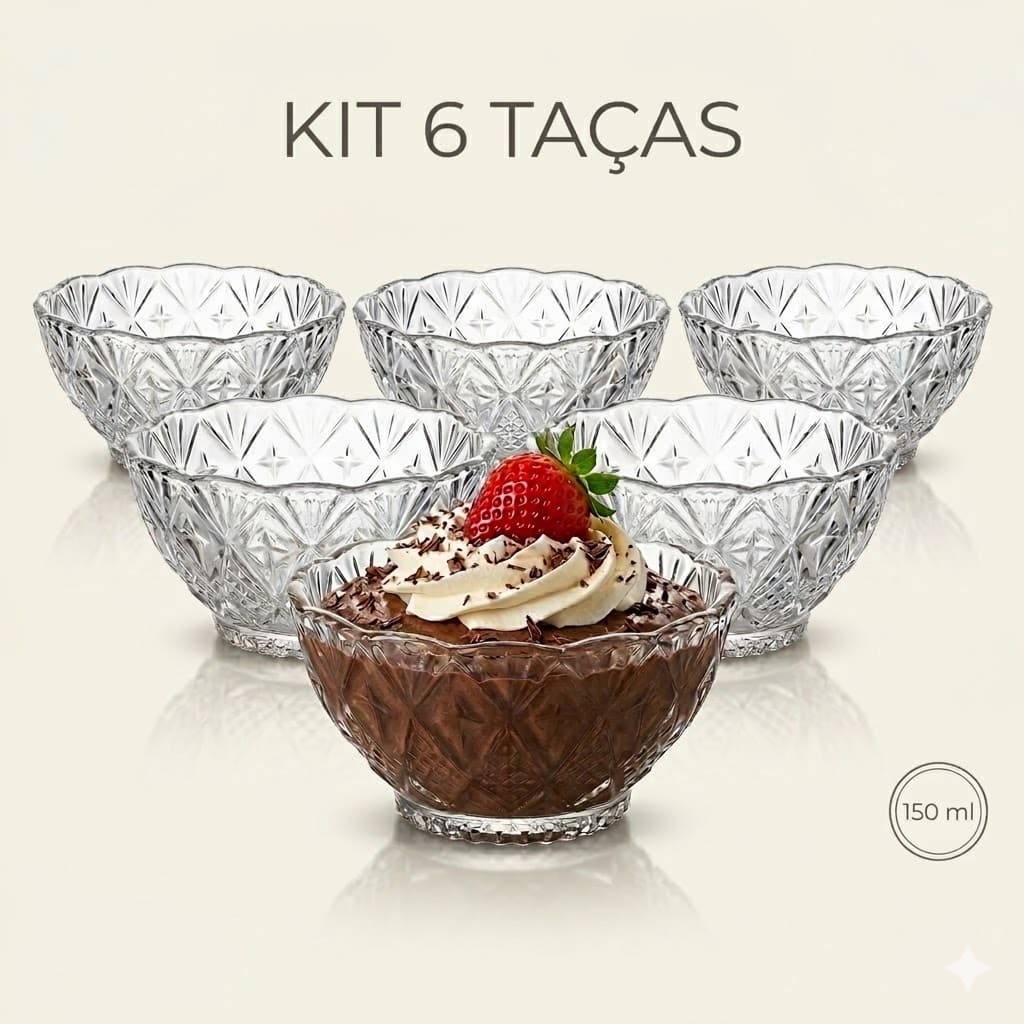 Jogo 6 Taças Tigela Bowls Premium Para Sobremesas 170ml Vidro Doce Sorvete Frutas Aperitivos