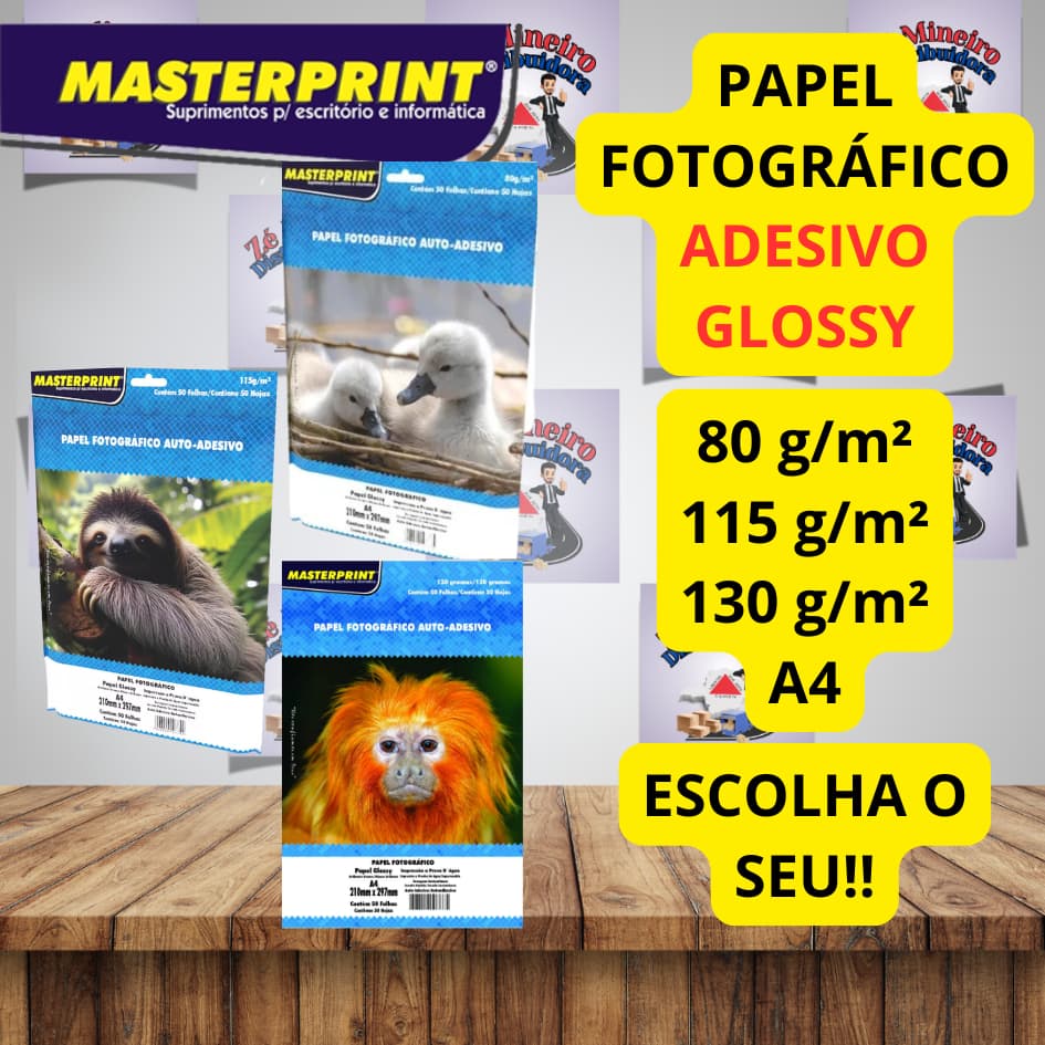 Papel Fotográfico ADESIVO Brilho 80g, 115g, 130g A4 Foto Glossy Autoadesivo Masterprint