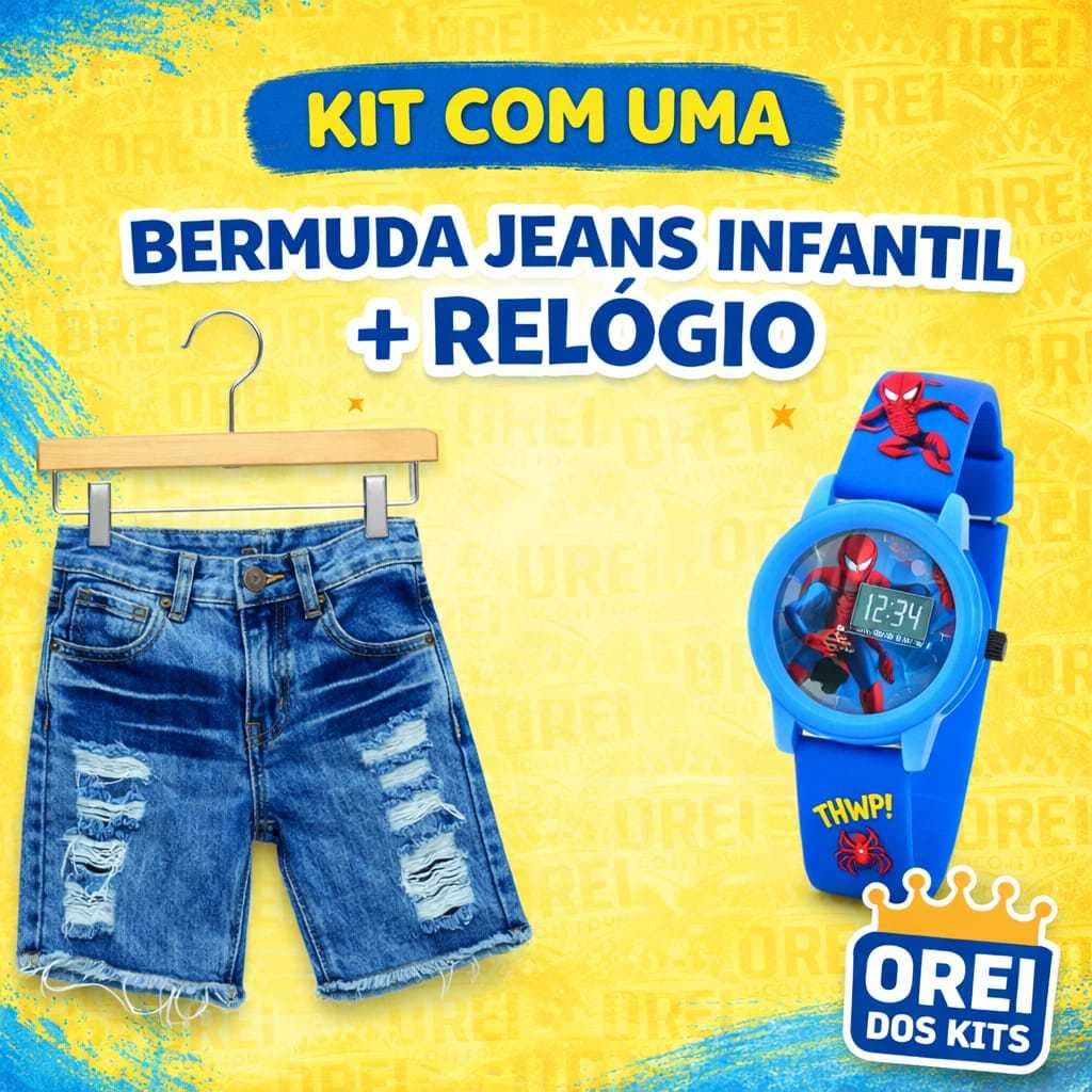 Kit Infantil Bermuda Jeans + Relógio Para Criança