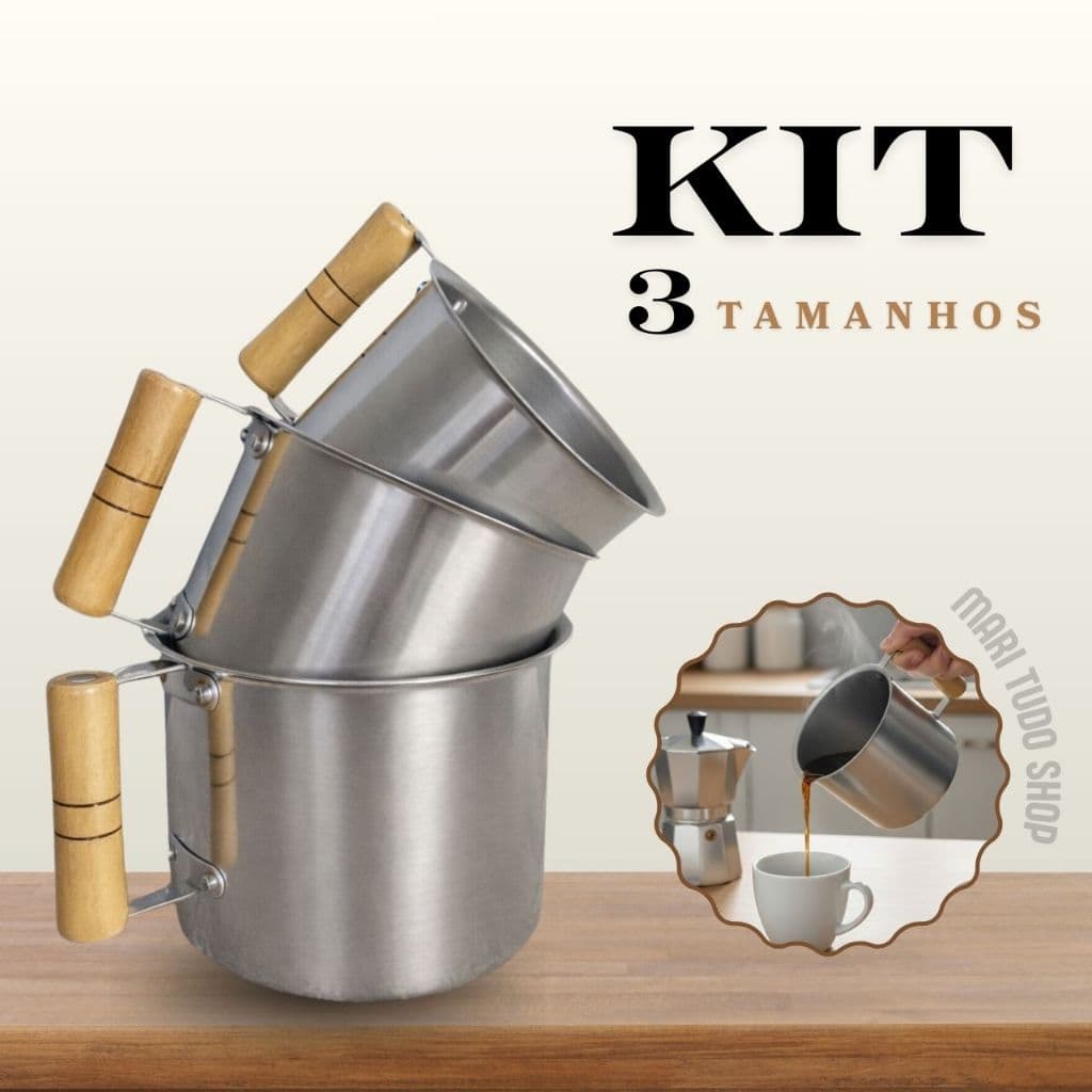 Kit 3 Canecos Canecão Fervedor Leiteira Alumínio Cabo Madeira Leite Chá Café Chimarrão Cozinhar Ovos