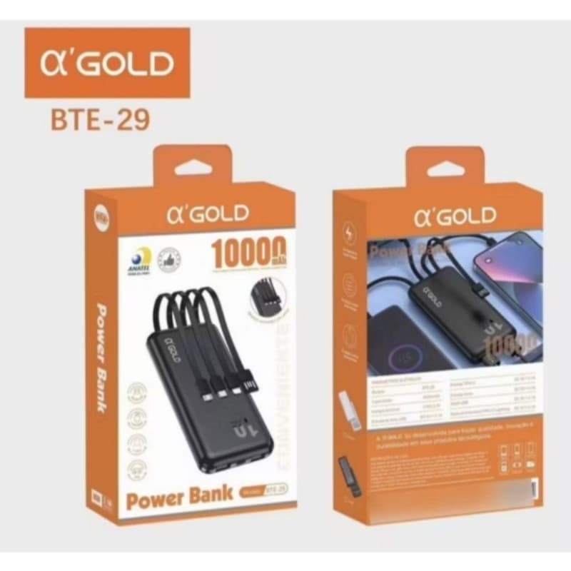 Carregador portátil Power bank 10000 mah A Gold BTE-29 com cabos embutido lightning, tipo C , micro usb
