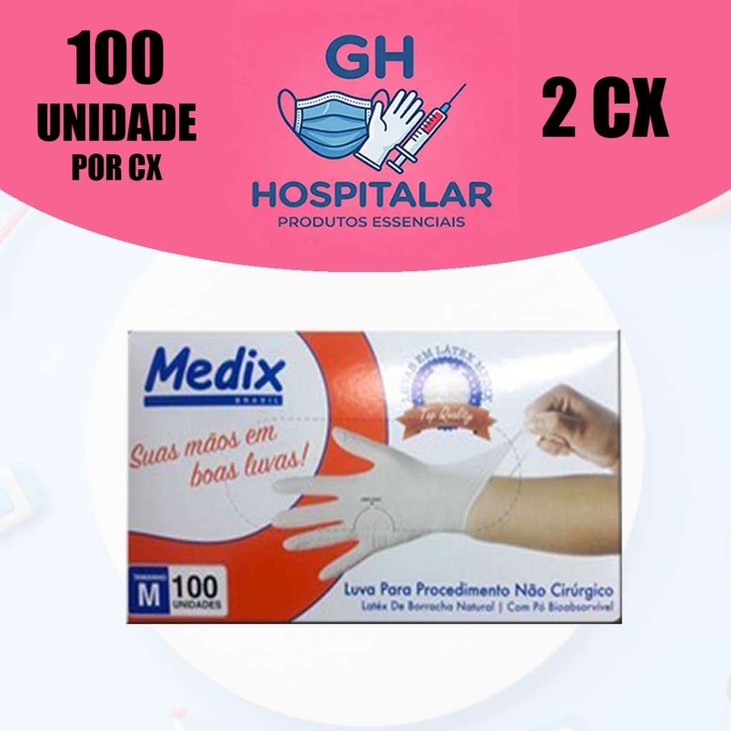 KIT 2CX Luvas Latex P/procedimentos Não Cirúrgico C/talco PP/P/M/G C/100uni