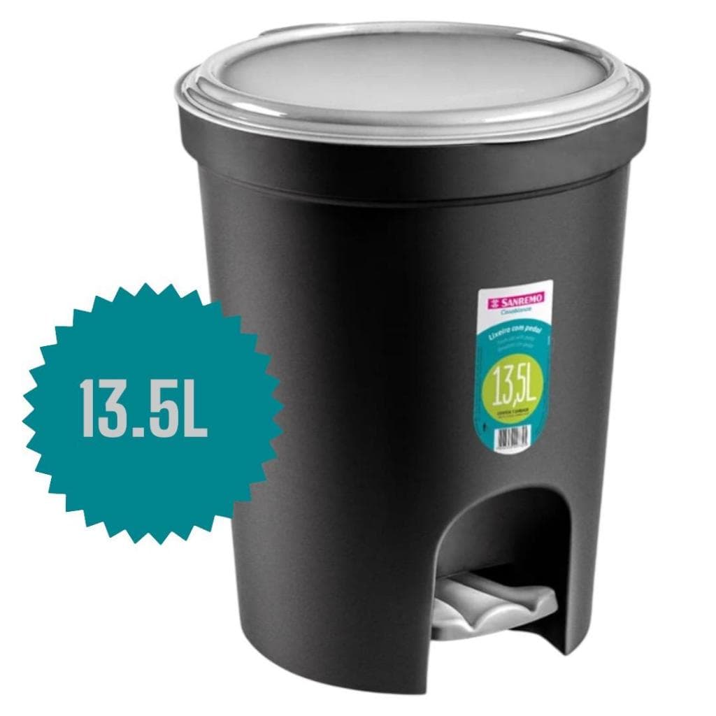 Lixeira Redonda Preta Com Tampa Cinza Pedal SANREMO 13,5L Ref.: SR275/20