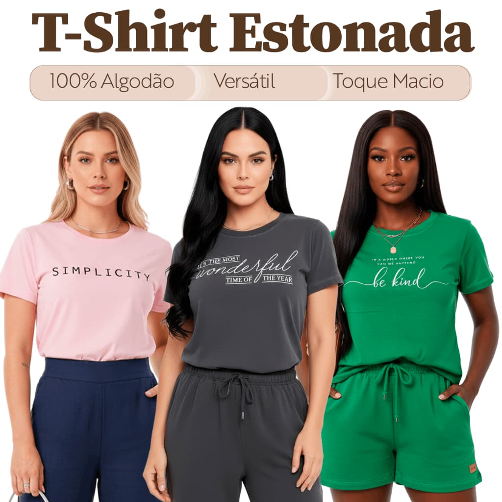T-shirt Estonada Sortida Feminina 100% Algodão Manga Curta Gola Redonda Moda Despojada
