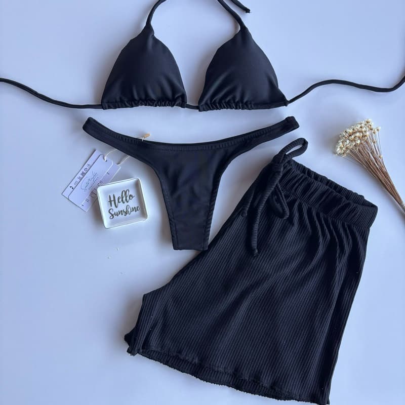 Biquíni cortininha com bojo calcinha fio e short, Moda Praia Feminina