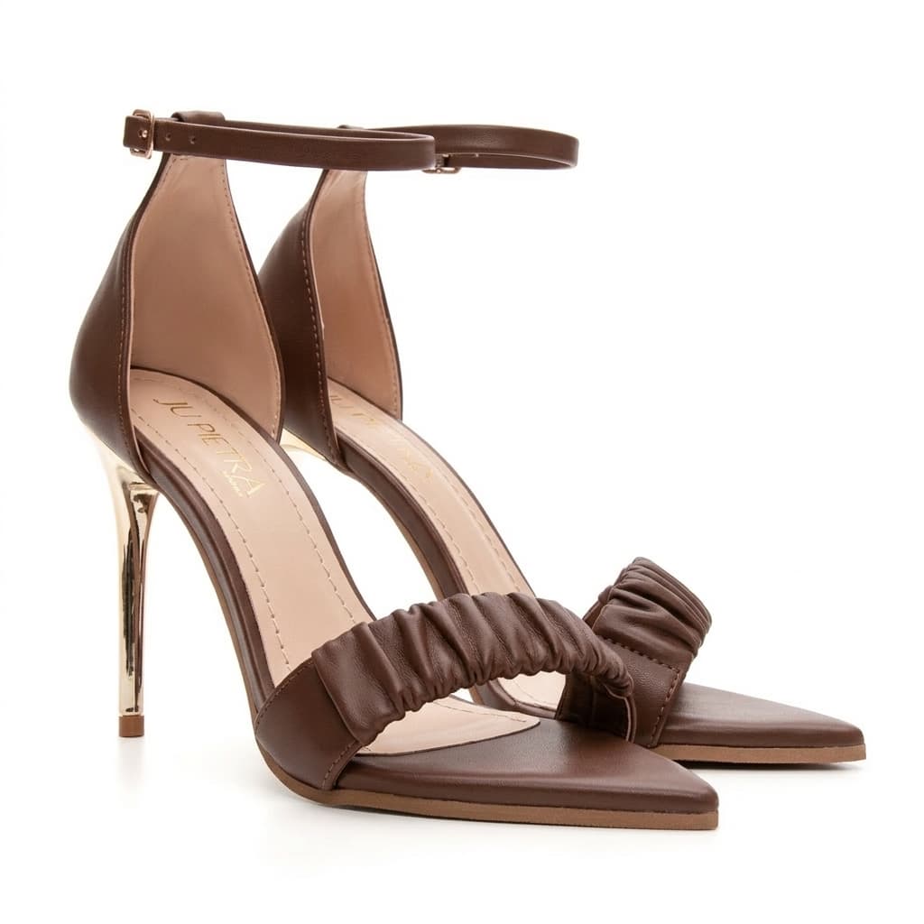Sandália Feminina Tira Única Macia Salto Alto Fino 10 Cm Elegante Detalhe Salto Dourado Metalizado