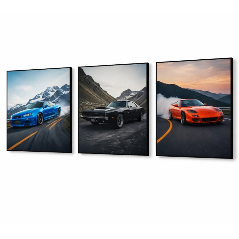 Kit 3 Quadros Carros Icônicos Skyline Charger RX-7 frete gratis 2026