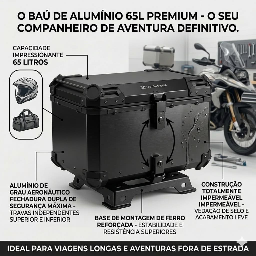 bau 65 litros preto de aluminior adventure com base universal para motos