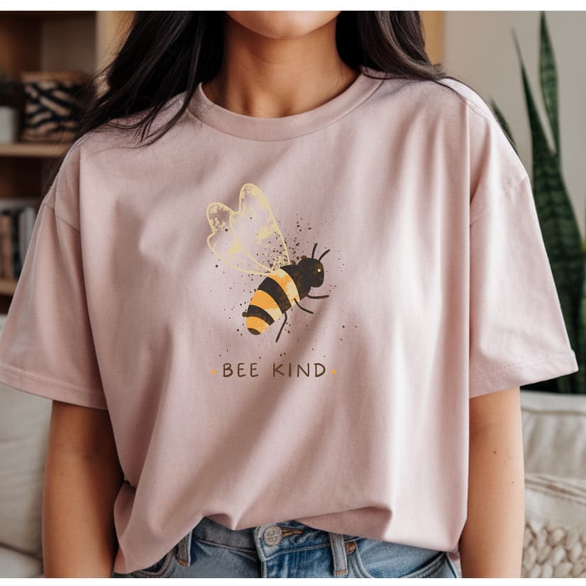 Camiseta Feminina Algodão Estampada Abelha Bee Kind Gola Alta Casual Moda Feminina