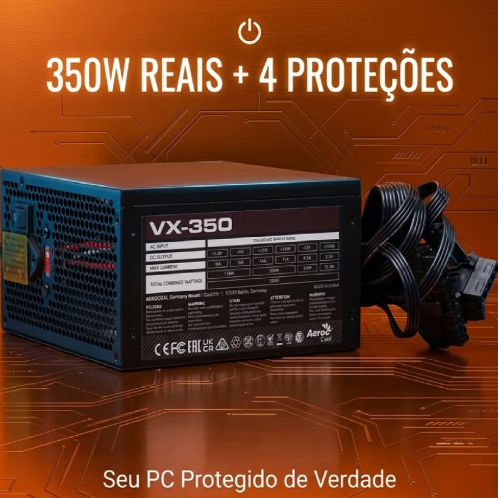 Fonte ATX 350W Aerocool VX350 Proteção Total PC Bivolt