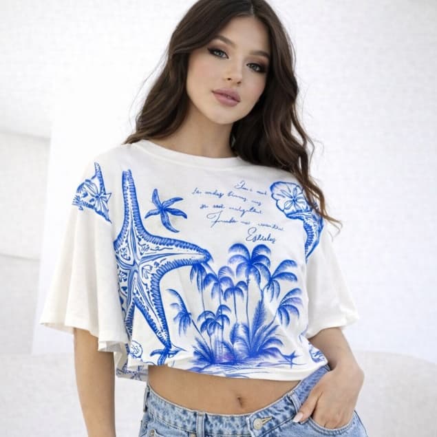 Cropped Feminino Oversized Estampa Estrela Coqueiro Azul 100% algodão