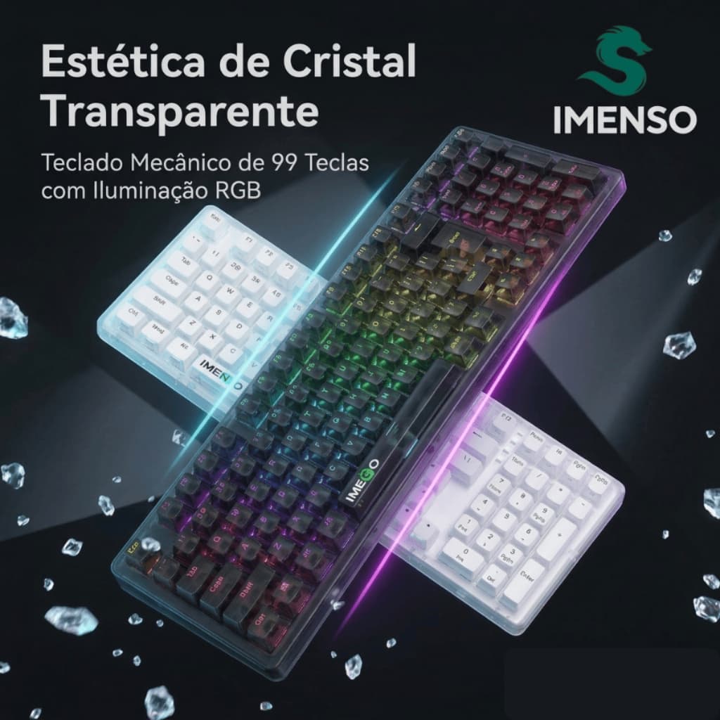 Teclado Gamer Mecânico Imenso 99 Teclas | Estrutura Gasket Switch Cristal RGB Full e Layout 95%
