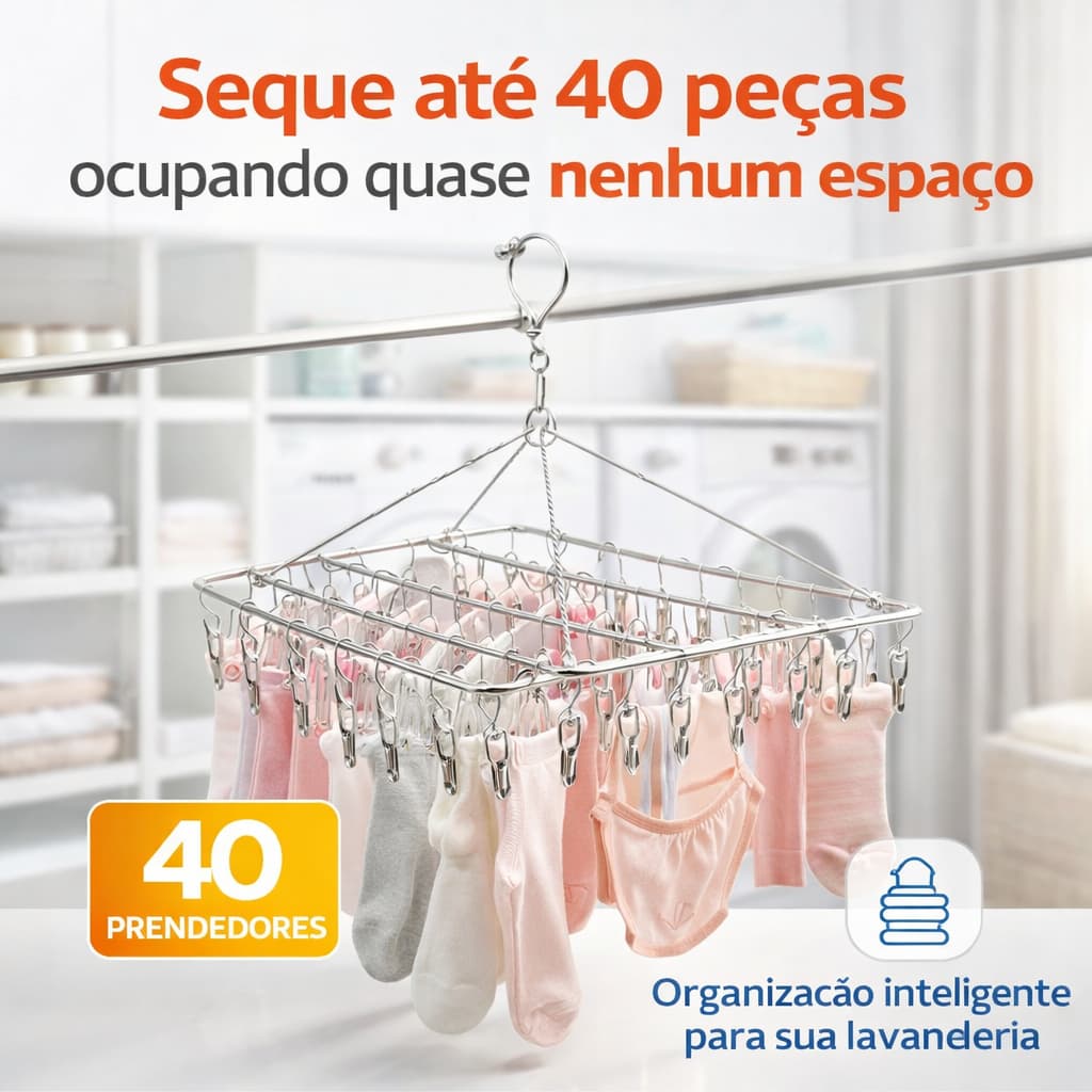 Varal de 40 Prendedores Inox Retrátil Dobrável para Roupas Íntimas Meias e Peças Pequenas