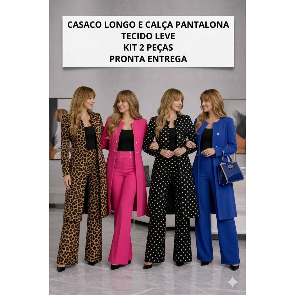 Conjunto Feminino Social Sobretudo Blazer e Calça Pantalona Elegante kit 2 peças Tendência Premium, Luxo, Exclusivo